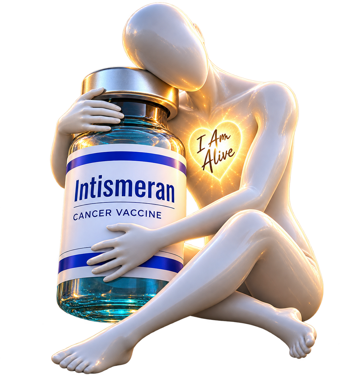 A porcelain figure embracing the Intismeran vial, a golden heart glowing in its chest
