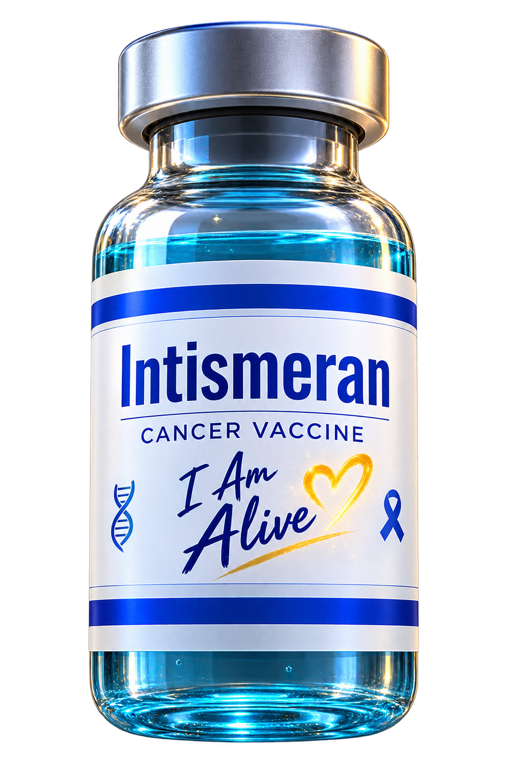A glowing blue Intismeran vial with a golden heart on the label